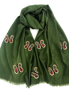 hand beaded butterflies on merino wool shawl