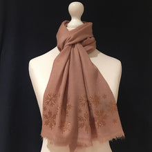 Load image into Gallery viewer, topaz snowflakes on merino wool scarf camel