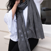 Load image into Gallery viewer, silver stars on merino wool shawl grey