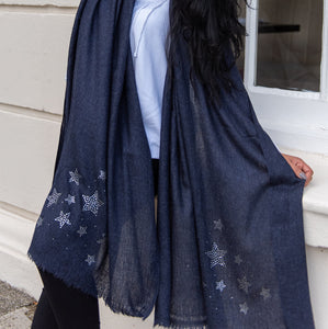 silver stars on merino wool shawl blue