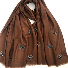 Load image into Gallery viewer, hand beaded bugs on merino wool shawl brown