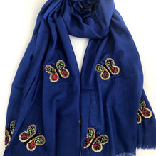 Load image into Gallery viewer, hand beaded butterflies on merino wool shawl
