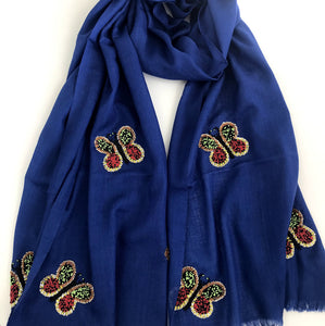 hand beaded butterflies on merino wool shawl