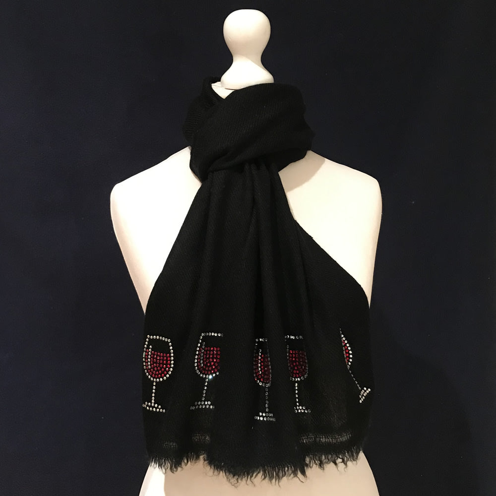 black merino wool scarf glass of red wine