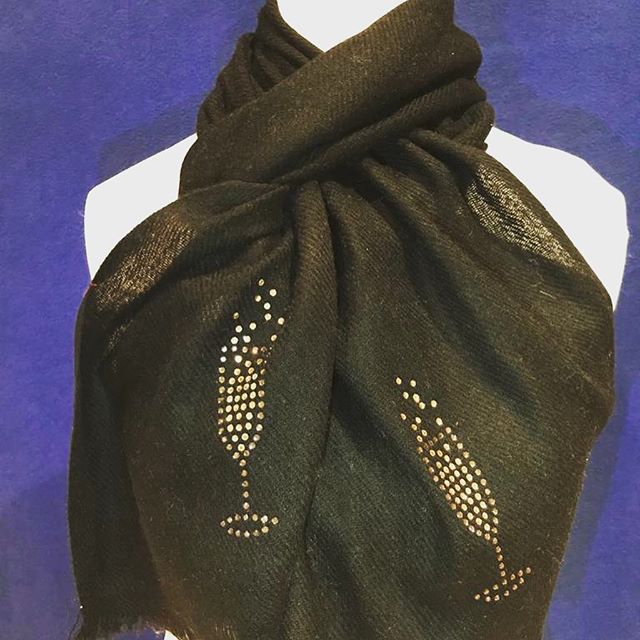 black merino wool scarf glass of prosecco