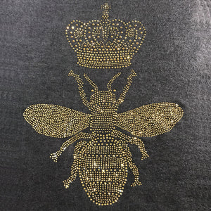 queen bee in full gold sparkling crystals on black merino wool shawl