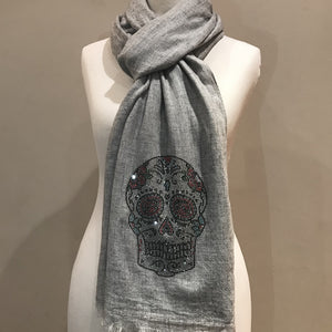 crystal skull on merino wool shawl