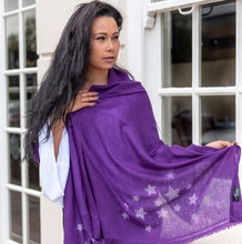 Load image into Gallery viewer, silver stars on merino wool shawl purple