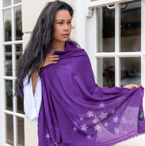 silver stars on merino wool shawl purple